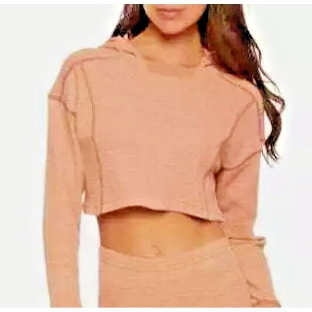 Womens XL Cropped Hoodie Pink Ribbed Knit Long Sleeve Sweatshirt Casual Top